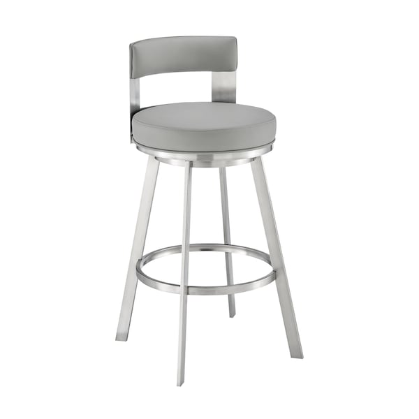 Armen Living Lynof Swivel Bar Stool in Brushed Stainless Steel with Light Gray Faux Leather 840254335523 - main